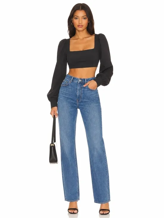 Naked Wardrobe Black Puff Sleeve Square Neck Crop Top NWT Statement Blouse Sz XS - Image 2