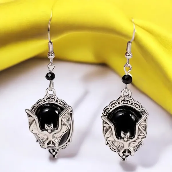 Gothic Bat Cameo Vintage Style Synthetic Black Silver-Plated Alloy Drop Earrings - Image 7