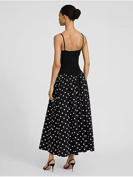 Express Polka Dot Mixed Media V-Neck Drop Waist Midi Dress like new - Image 3