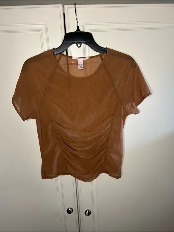 Victoria’s Secret Brown Sheer Mesh Ruched Short Sleeve Top - Image 3