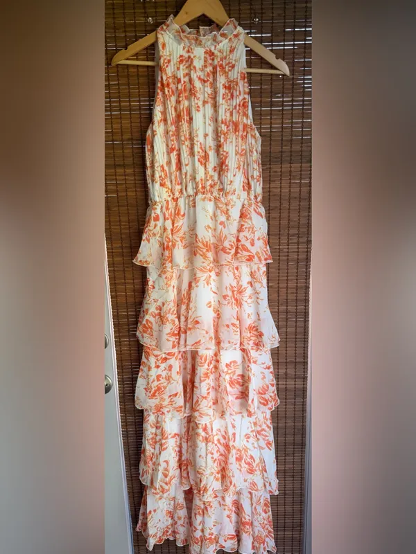 Lucy Paris Mari Orange Floral Tiered Halter Maxi Dress XS NWT $130 - Image 3