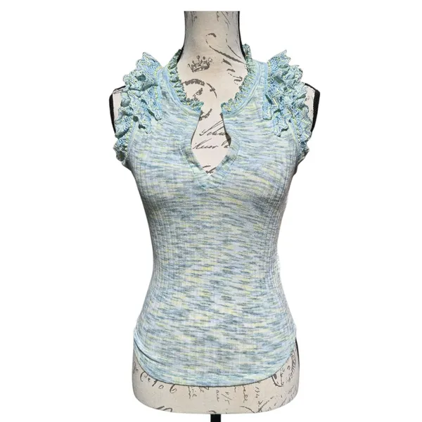 By Anthropologie -641 Crochet Ruffle Tank Top Sleeveless Knit‎ Blue Size Small - Image 2