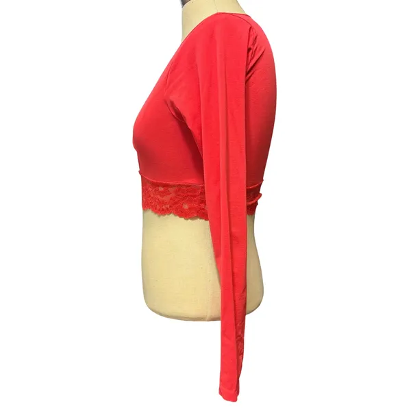 Anthropologie S/M Lace-Trim Cutout Long-Sleeve Crop Top Red Coquette Ballet Sexy - Image 3