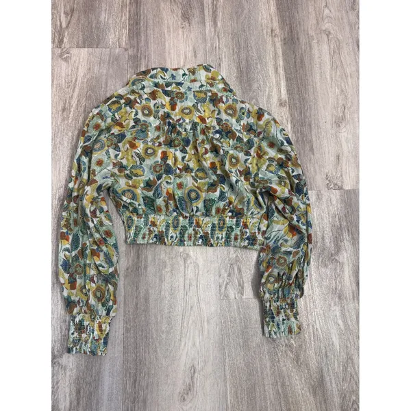 Anthropologie Floral Twist Front Crop Top Balloon Sleeve Smocked Womens Medium - Image 4