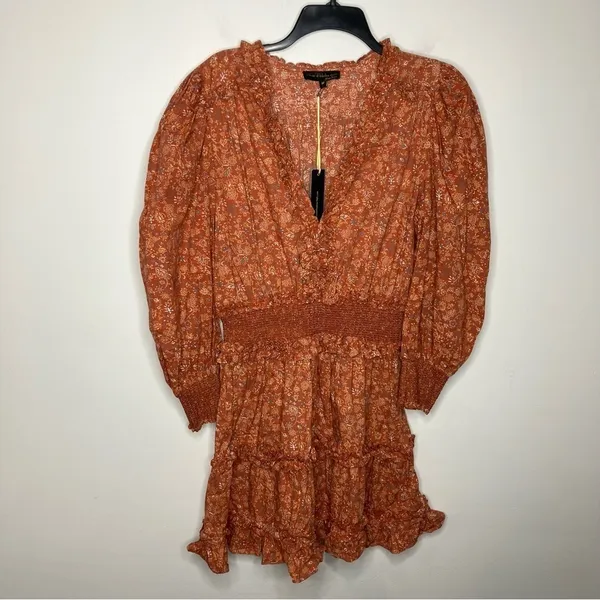 House of Harlow 1960 long sleeve puffed sleeve dress v-neck rust‎ size Medium - Image 3