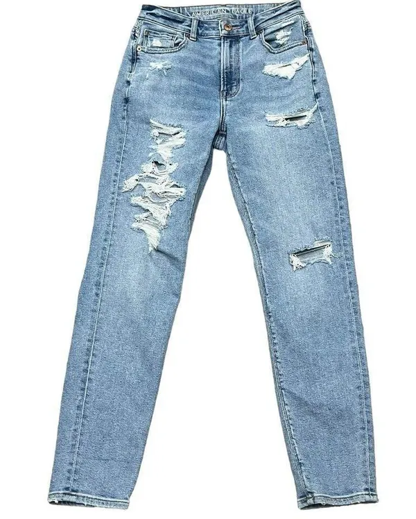 American Eagle Strigid Ripped Mom Jean Straight Leg Distressed High Rise Festival Womens 00R - Image 3