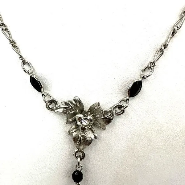 silver tone and black floral rhinestone pendant necklace - Image 12