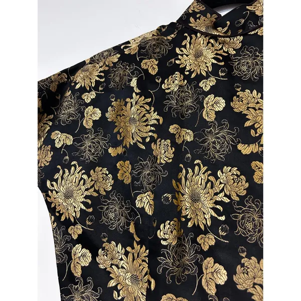 Y2K VINTAGE Black Gold Floral Brocade ASIAN Cheongsam Qipao Dress Mandarin - Image 4