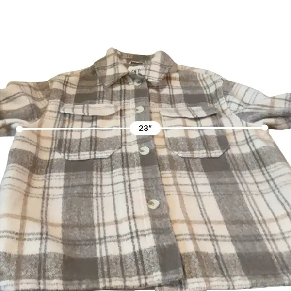 ZARA Plaid‎ Shirt Jacket Women's Size Large Cream Tan Gray Long Sleeve Collared - Image 7