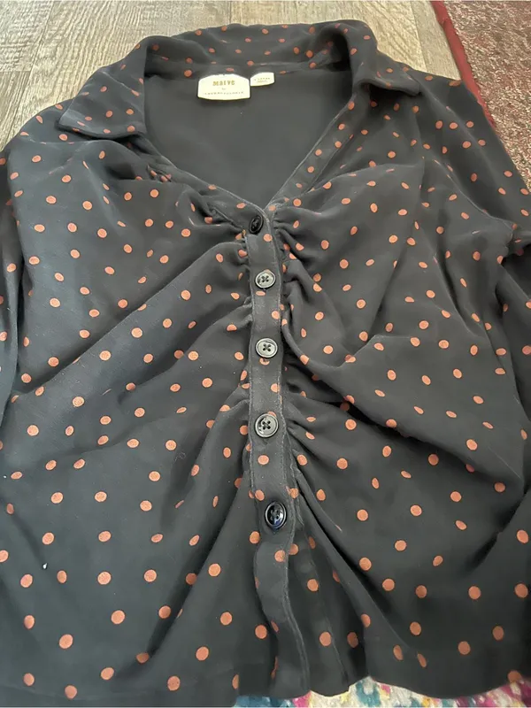Maeve Anthropologie Ruched Button Front Top XL Black Tan Polka Dot Stretch - Image 8