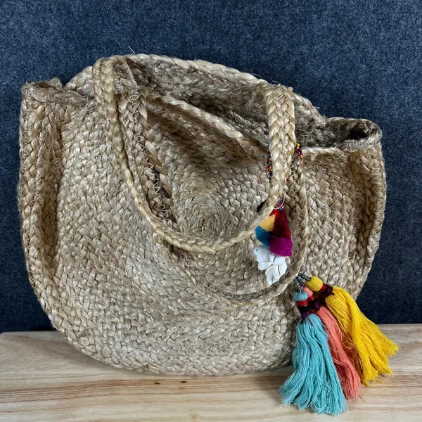 Zara Accessories Jute Woven Round Tote Bag Tassel Shell Charm Tan Boho Beach - Image 3