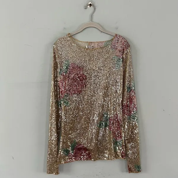 NWT Free People Intimately Gold Rush Champagne Combo Printed‎ Sequin Long Sleeve - Image 4