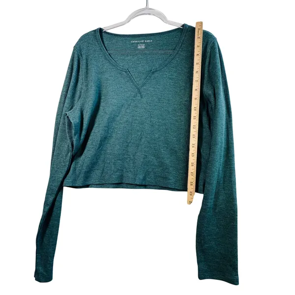 American Eagle Waffle Knit Thermal Top Cropped Notch Neck Teal Green XL Soft Y2K - Image 7