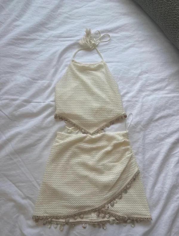 FashioNova Seashell Shore Crochet Halter Top Mini Skirt Set - Cream - Image 3
