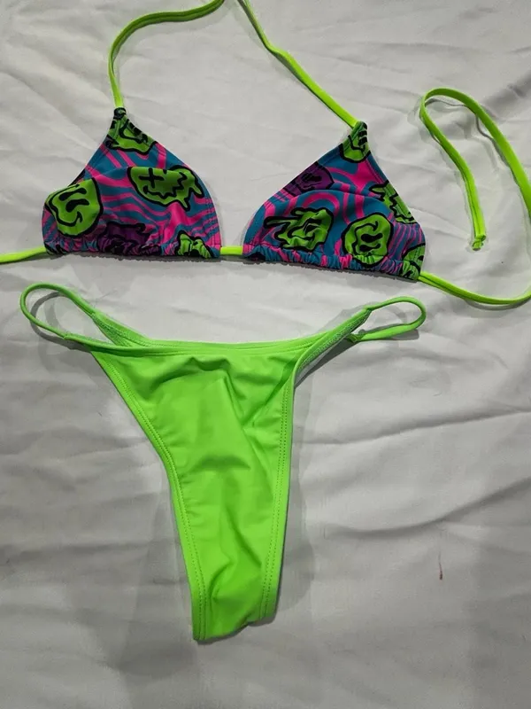 Neon Green and Psychedelic Smiley Print Thong Bikini Set - Image 2