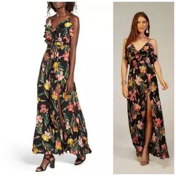 Privacy Please Black Floral Ruffle Maxi Dress Adjustable Straps V-Neck Size S - Image 2
