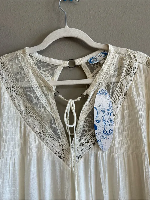 J.Gee Boho Crochet Lace Tiered Mini Dress Cream Bell Sleeve XL New - Image 10