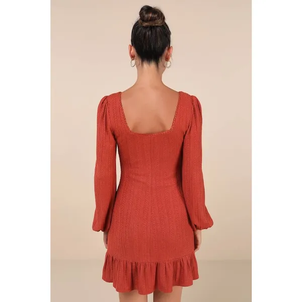 NWT Lulus Coveted Sweetness Rust Pointelle Knit Long Sleeve Mini Dress Party S - Image 3