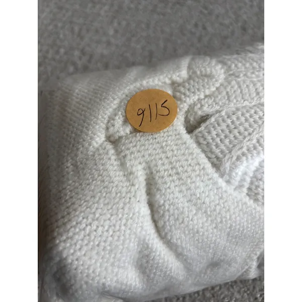 Azure Cardigan Sweater L Cream Vintage Tie Neck Ribbed Knit Open Front USA Made - Image 9