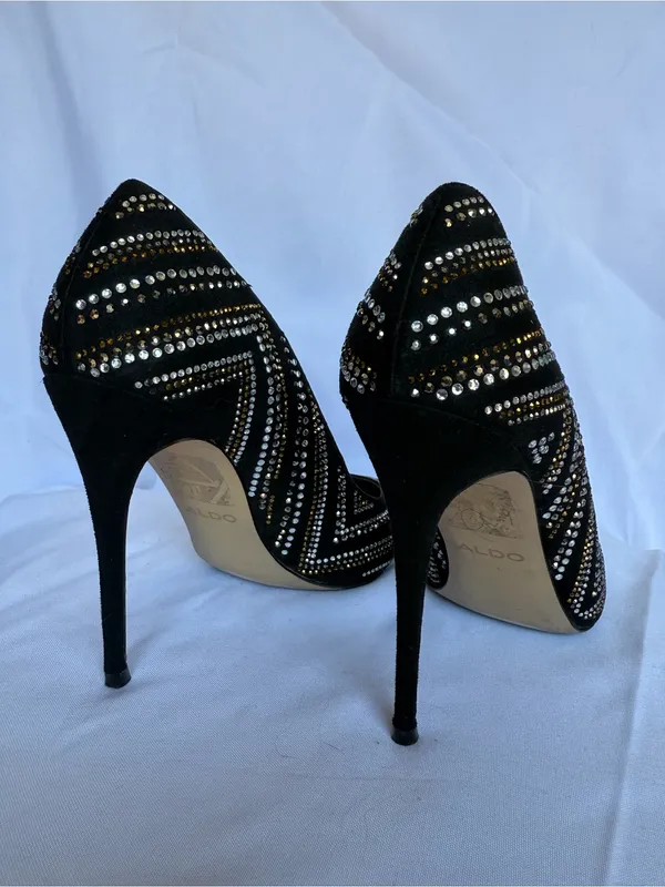 Aldo Lardonna Black Pointed Toe Stiletto Pumps Gold Silver Rhinestones Size 7 - Image 6