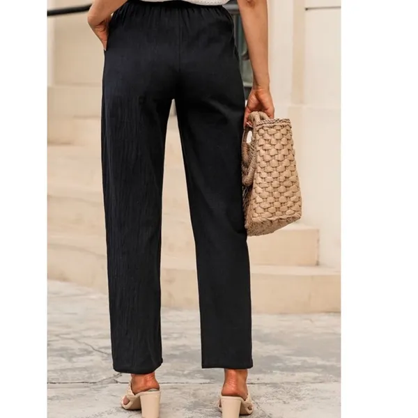 NWT ~ Women's Black Cotton Casual Straight Leg Drawstring High Waist Pants ~ M - Image 4
