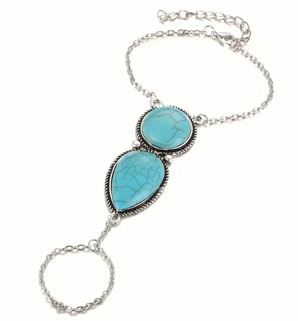 Boho chic silver and turquoise stone finger ring Size none - Image 3