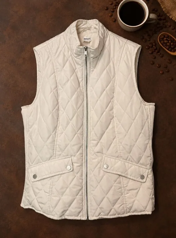Westport Womens Quilted Puffer Vest Ivory/cream with cinch belt - size Large - Image 2