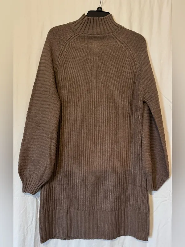 Lillusory Mock Neck Ribbed Knit Lantern Sleeve Sweater Dress - Brown - Size M - Image 2