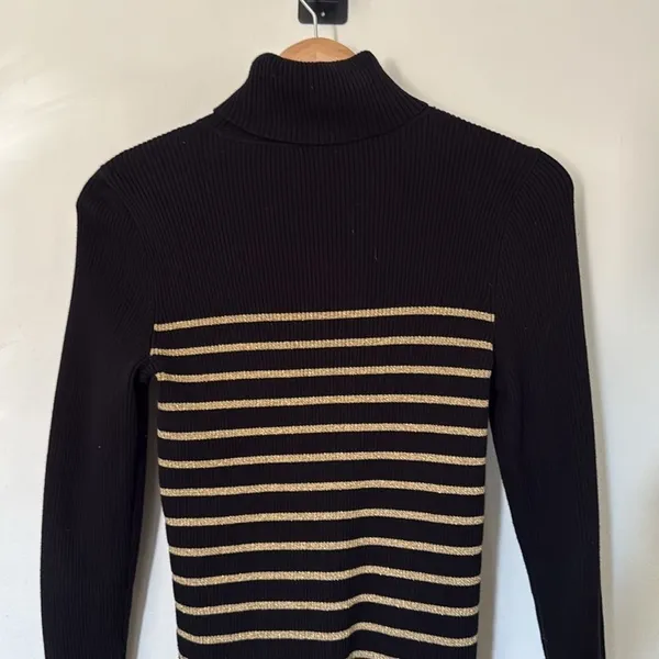 Lauren Ralph Lauren‎ Striped Turtleneck Sweater Small Black Gold Ribbed Knit - Image 7