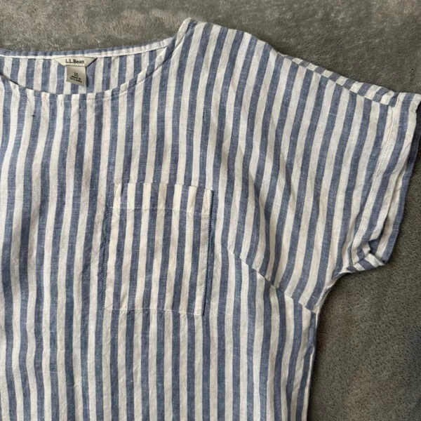 L.L. Bean Linen Blue White Stripe Top Womens M Pocket Short Sleeve Nautical - Image 7