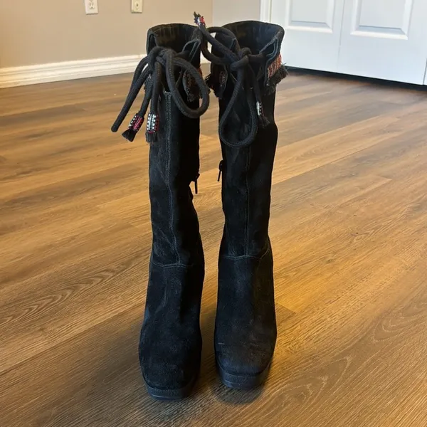Diane Von Furstenberg Women Jimson Suede Wedge Boho Tribal Fringe Boots‎ Size 7 - Image 5