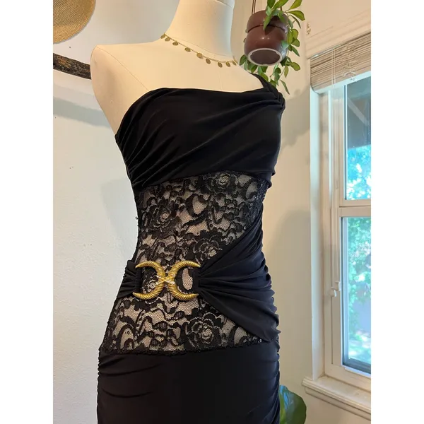 USA De More Y2K Black Stretchy Lace One Shoulder Gold Buckle Dress Size XS - Image 2