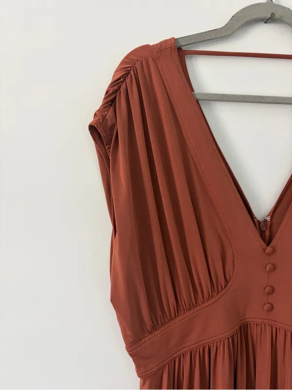 Anthropologie Sleeveless V Neck A Line Midi Boho Fall Cottagecore Dress Brown L - Image 4