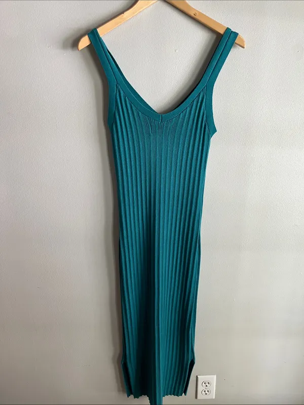 Olive + Oak Ribbed Sweater Knit Midi Dress Teal Side Slit Stretch L - Image 6