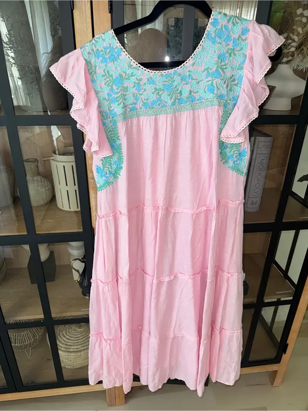 J. Marie embroidered midi dress floral oaxacan tiered ruffle linen pockets loose - Image 2