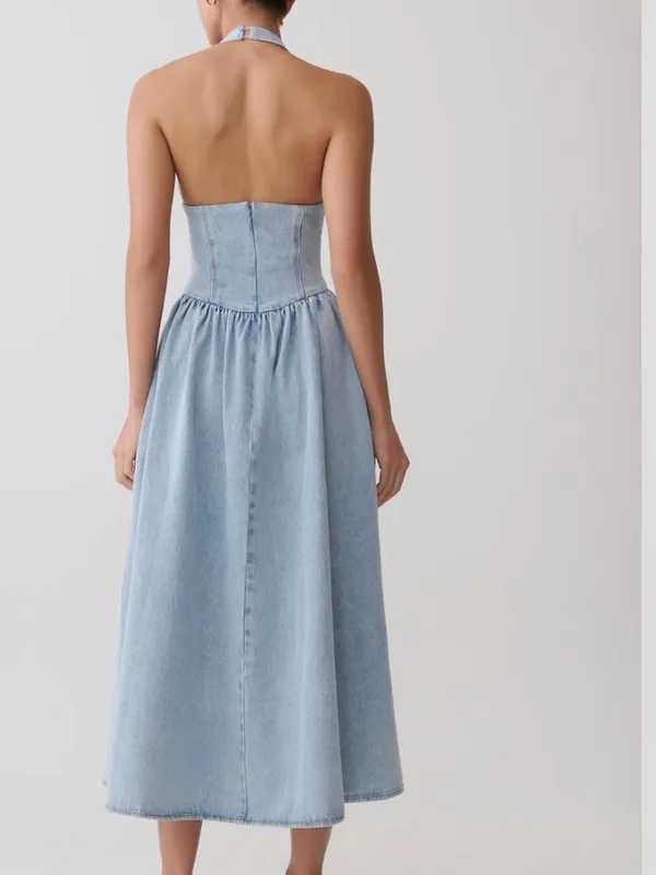 NWT MESHKI miller Light Blue Halter Midi Dress denim wash size XL - Image 3