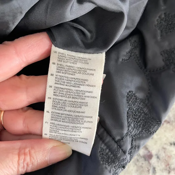 H&M Puffer Coat Women XS Black Floral Embroidered Quilted‎ Longline Funnel Neck - Image 5
