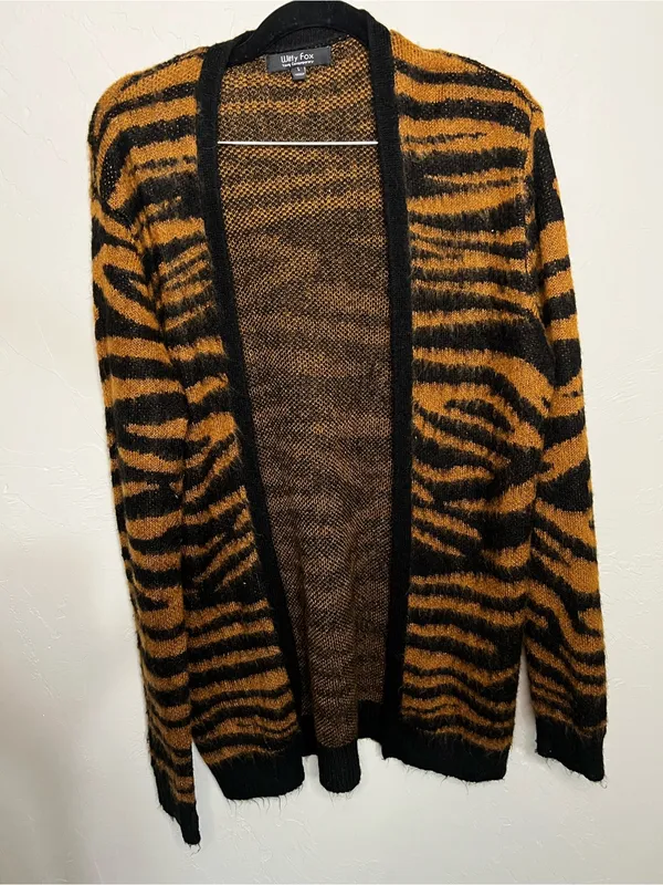 Witty Fox Tiger Animal Print Fuzzy Open Front Cardigan Sweater Black Brown - Image 2