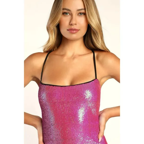 Lulus NWT Glam Diva Iridescent Hot Pink Sequin Lace-Up Maxi Dress Size Xs - Image 7