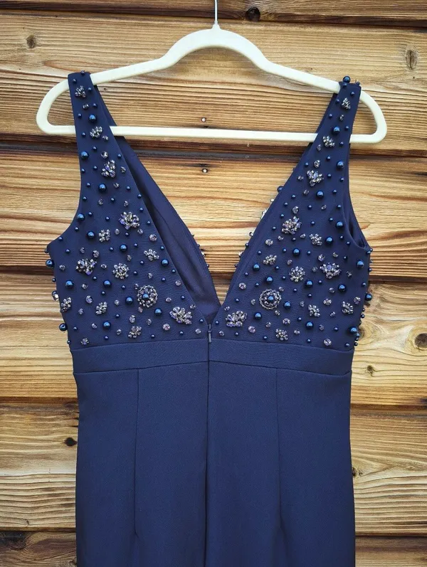 NWOT Mac Duggal 2278 Navy Sleeveless Embellished Crepe Gown With Bow Size 4 - Image 12