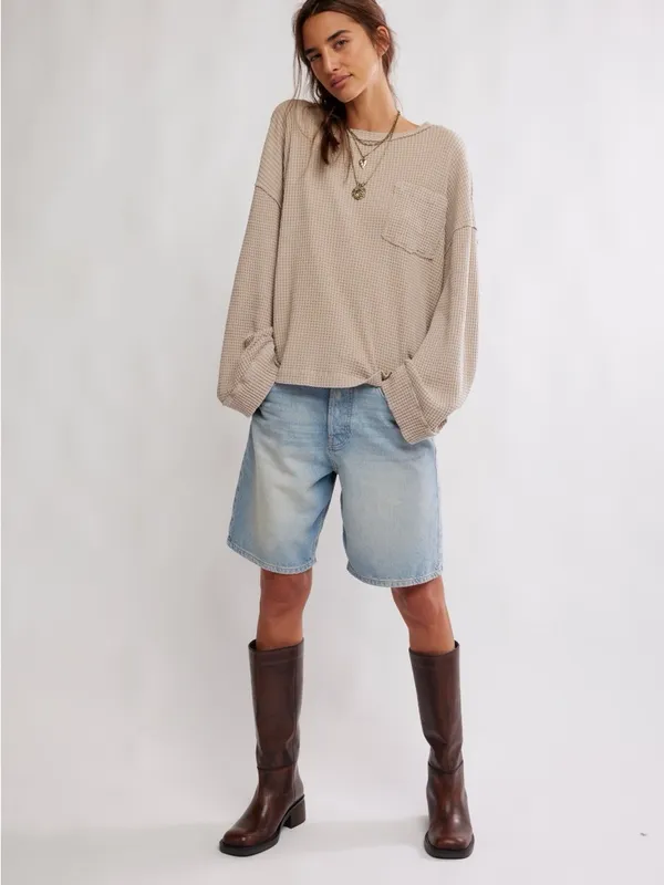 Free People We the Free Waffle-Knit Pocket Pullover Top - Beige - Image 5