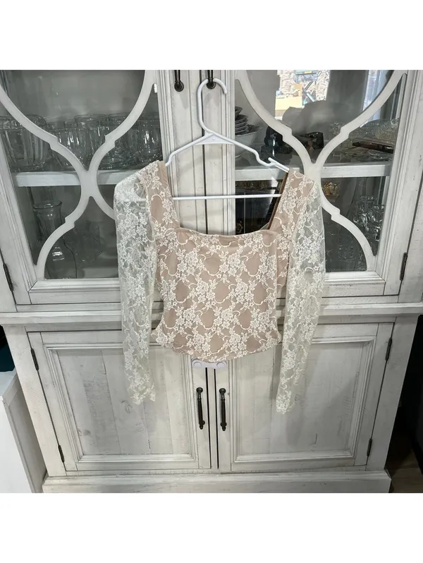 Rue21 Women's Cream Floral Lace Corset Top M Coquette Romantic Sheer Long Sleeve - Image 3