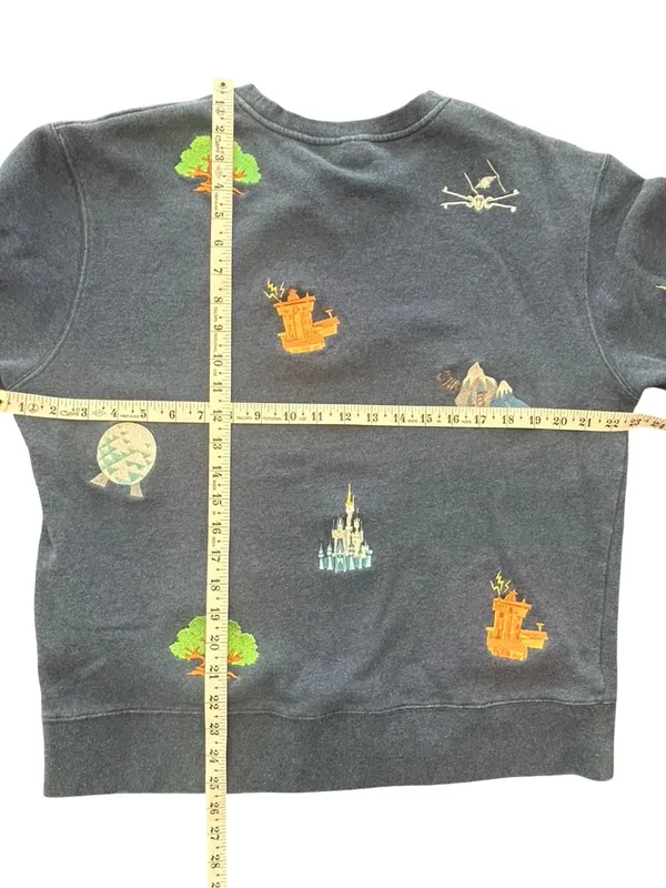 Disney Parks Embroidered Ride Icons Crewneck Sweatshirt Blue Fleece unisex men M - Image 12