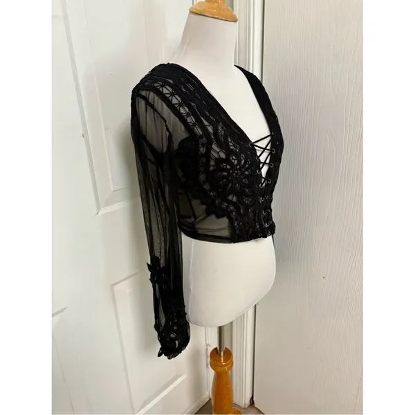Akira Black Lace Up Sheer Bell Sleeve Gothic Boho Crop Top L5 - Image 2