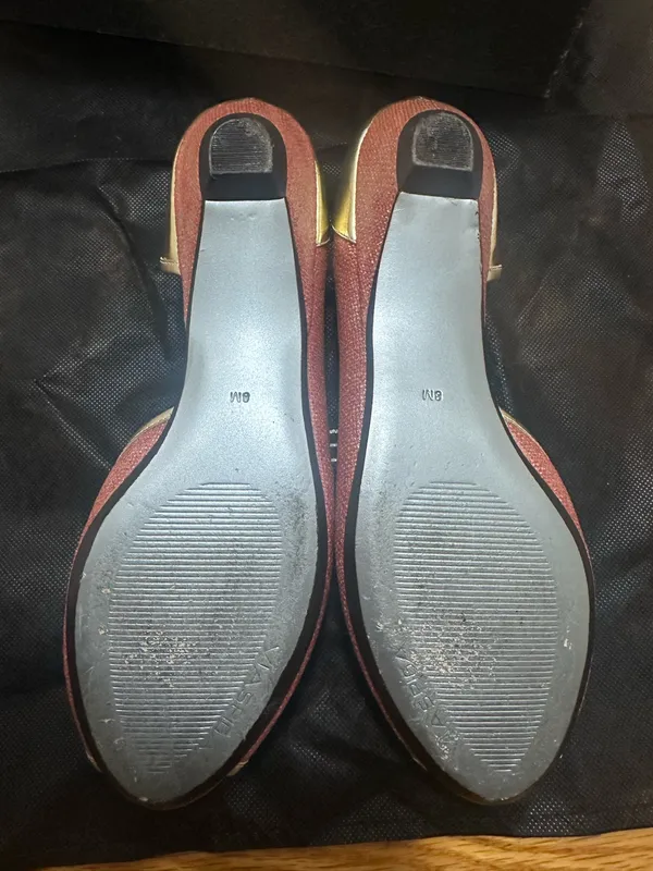 Vintage Via Spiga Leather Tweed Gold Rose Peep Toe Flats - Image 4