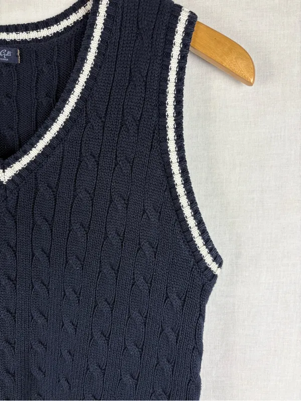 John Galt Navy Blue Cable Knit V-Neck Sweater Vest - Image 3