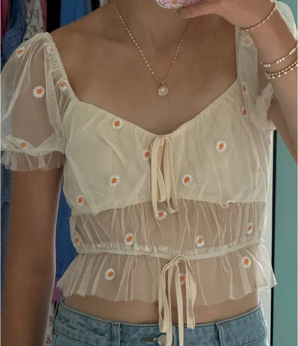 floral mesh top Tan - Image 2
