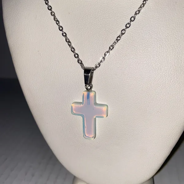 Women's Faux Iridescent Opal Cross Silver-Tone Fashion Necklace - Image 5
