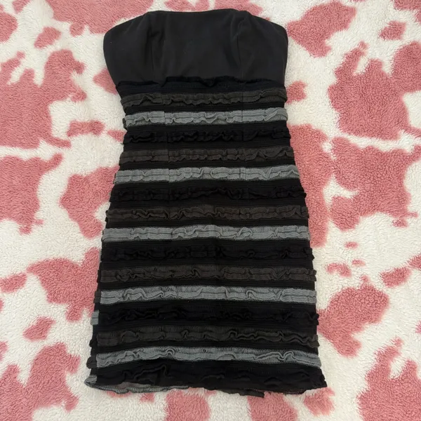 Y2K Strapless Bodycon Mini Dress Black Grey Ruffle Textured Tube Dress Fairy Grunge Coquette Clubwear S - Image 3