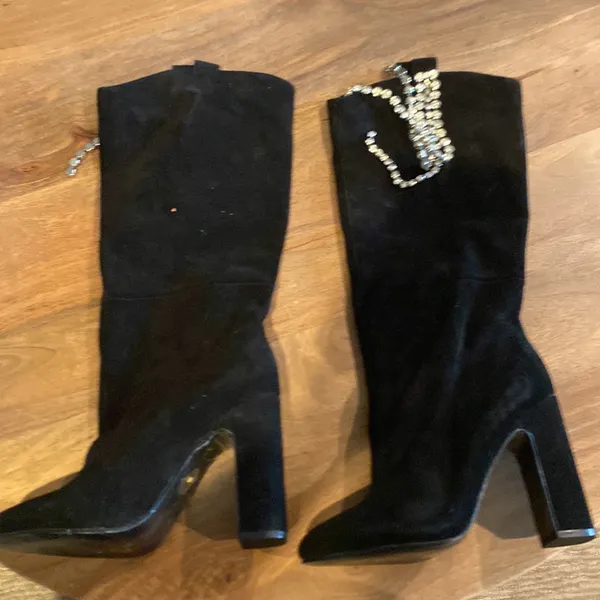Raye Black Heeled Boots with Crystal Embellished Heel - Image 3